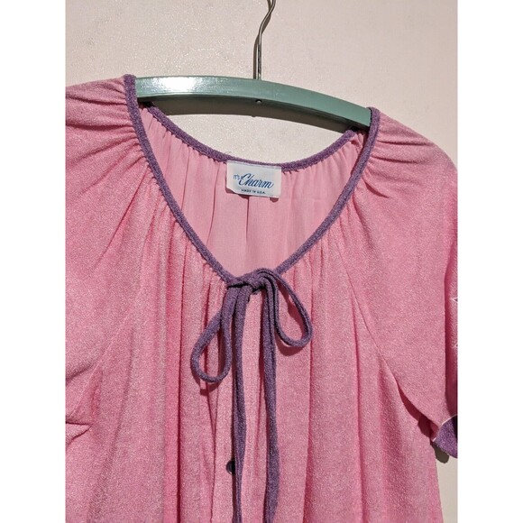Vintage Terry Housecoat Lounger Robe Snap Front with Tie Neck 70s Pink Purple M - Picture 4 of 4
